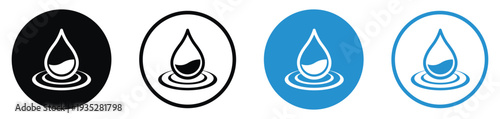 Liquid drop icon with a ripple effect. Represents water conservation, environmental purity, hydration, or chemical solutions. Minimalist black and blue circular icons.