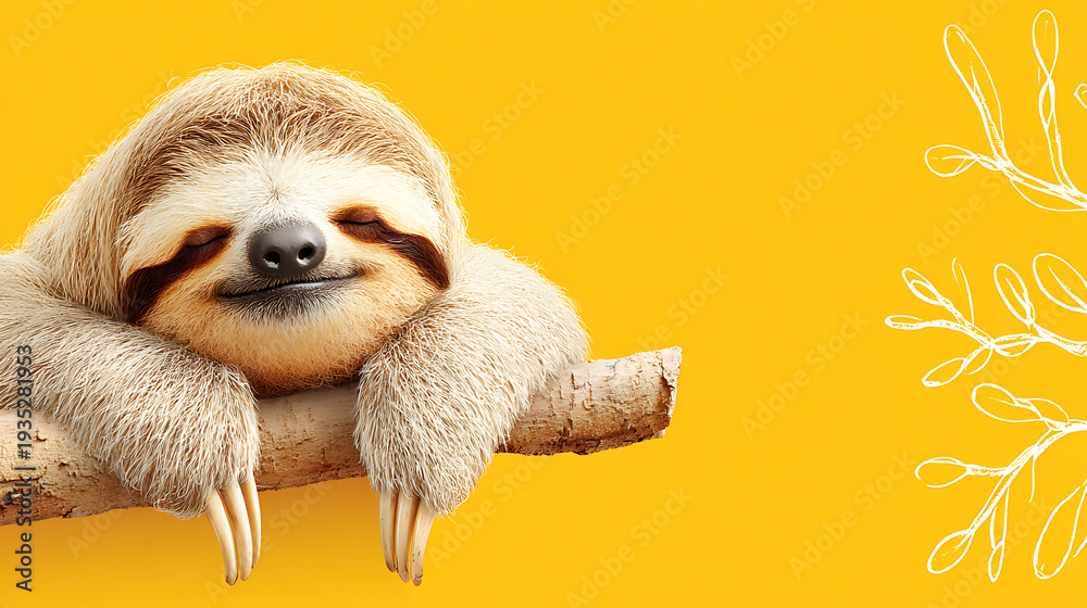 Fototapeta premium Minimalist image of a sloth lounging on a branch with generous copy space, suited for environmental or educational features.
