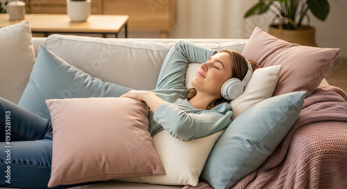 Woman Relaxing on Sofa with Headphones and Pillows in Cozy Living Room Interior