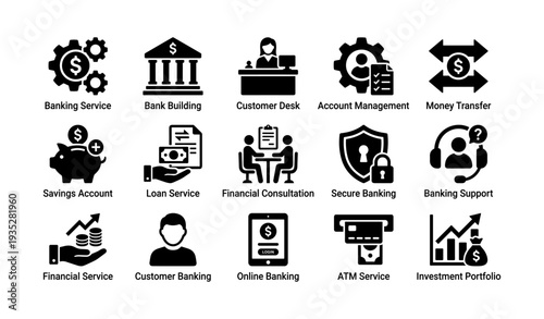Banking services and financial management icon set