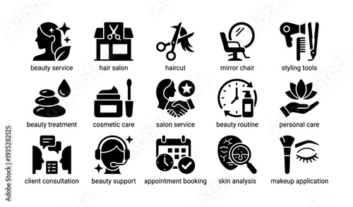 Beauty and salon services icons: haircut, styling, skincare, personal care symbols