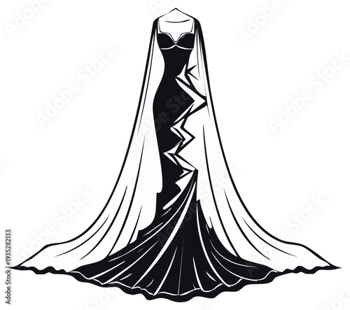 Elegant black and white formal gown with flowing train and unique lightning bolt pattern design