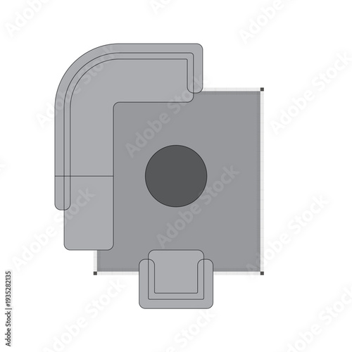 Top view furniture layout of L-shaped sofa and round table on gray rug. 8