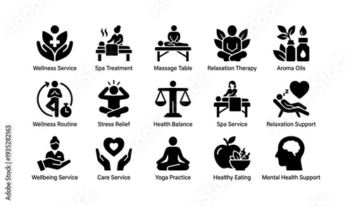 Collection of wellness and relaxation therapy icons