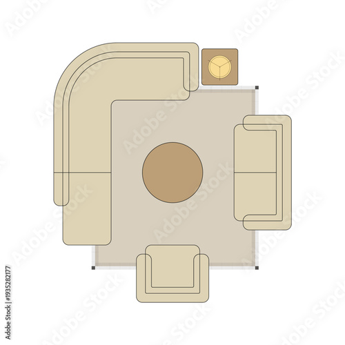 Top view furniture layout of L-shaped sofa and round table on beige rug. 9