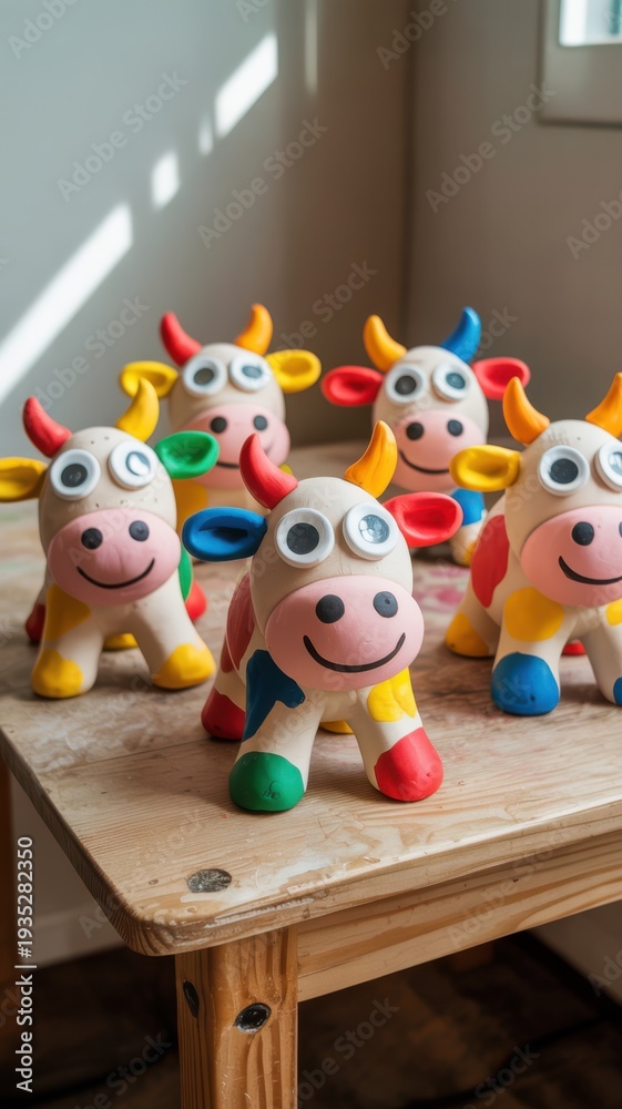 Obraz premium Colorful toy cows with big eyes on wooden table in bright playful indoor setting