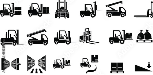 Warehouse and material handling equipment, forklifts, pallet jacks, storage racking, manual pallet jack, electric stackers, and warehouse shelving warehouse cargo logistics icons set. 