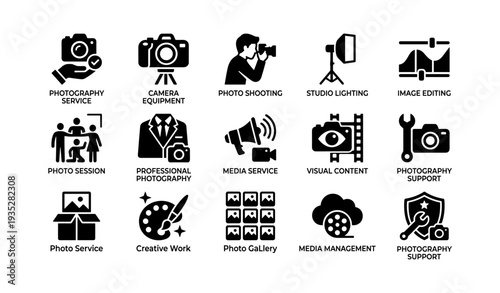 Photography icons: equipment, sessions, and editing tools for creative professionals