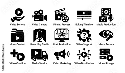 Icon set for video production: camera, editing, media services