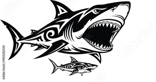 Tribal shark illustration, aggressive marine predator art, ocean wildlife design, aquatic creature graphic, cultural tattoo style, bold black sea artwork