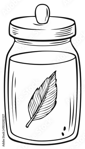 A realistic drawing of a feather preserved in a glass jar filled with liquid