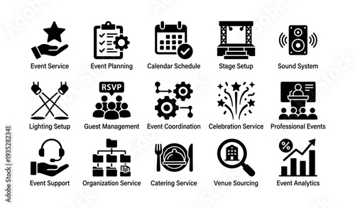 Comprehensive event services and planning icons for professional coordination