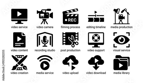 Media production icons featuring video tools and editing symbols