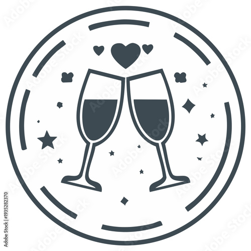 Two clinking champagne glasses with hearts in a celebration icon for a romantic toast