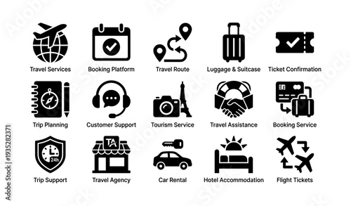 Travel service icons: booking, luggage, customer support, trip planning, flight tickets