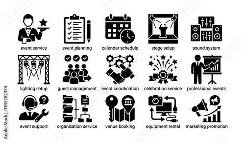 Comprehensive event management icons set for planning and coordination services