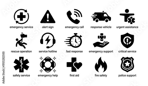 Emergency service icons set: response, safety, and support symbols
