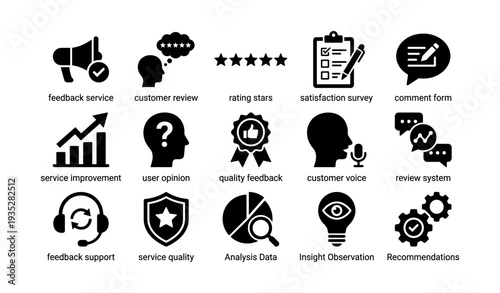 Customer feedback and service quality icon set for business improvement