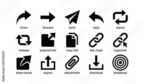 Set of communication and sharing icons: arrows, links, and files