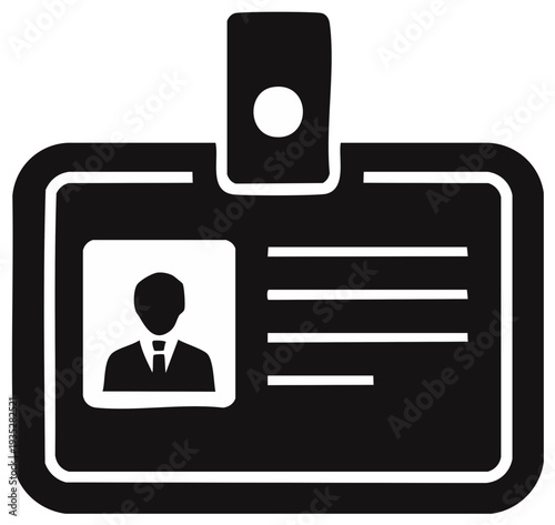 Black and white silhouette of an employee identification badge with a photo and lines for text