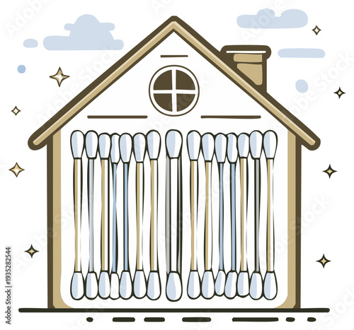 Conceptual Illustration of Cotton Swabs Arranged Like Windows Inside a House Outline