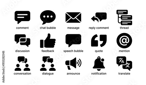 Communication icons set with dialogue, feedback, and translate symbols