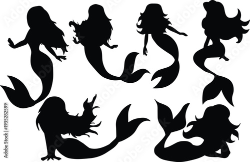 Mermaid silhouettes set, fantasy sea siren characters underwater mythical creature vector illustration isolated design collection