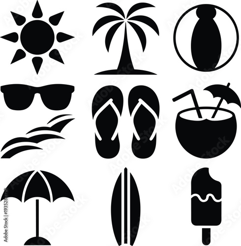 Summer beach icons set, sun palm sunglasses flip flops coconut umbrella surfboard ice cream vector illustration vacation symbols