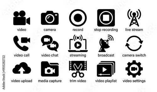 Video icons set: media, streaming, camera, and editing symbols