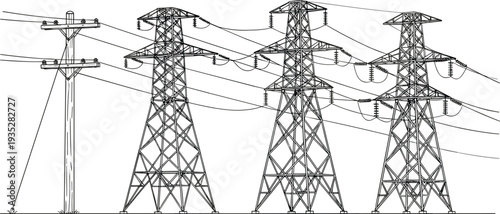 High voltage power transmission towers with electric lines, detailed electricity infrastructure vector illustration isolated on white background for energy and utility industry