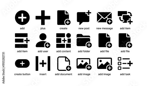 Add icons set: user, button, document, image, message, task, folder, file
