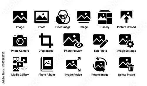 Set of 16 black image editing icons for photo management and editing tools