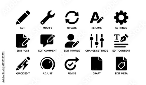 Icons for editing and settings including pencil wrench and gear