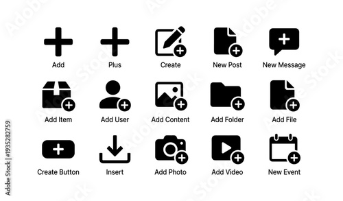 Icon set for adding features: buttons for post, message, folder, file, user