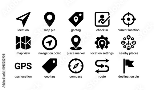 Navigation icons set featuring location, map pin, geotag, and more