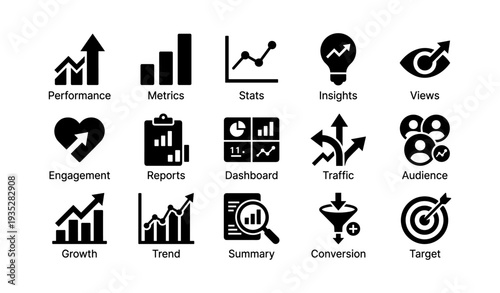 Business analytics icons set: performance, metrics, insights, engagement