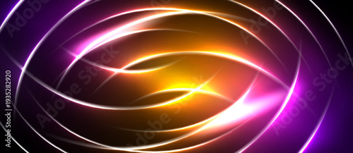 Bright neon swirls radiate from center. Vivid orange, purple hues create dynamic abstract composition. Light trails suggest motion, energy.