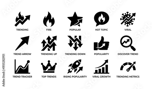 Trending symbols set: arrows, fire, stars, thumbs up, magnifying glass, graphs, crown, rocket
