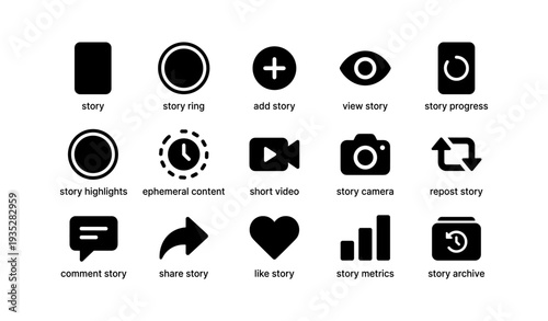 Social media story and interaction icons including video camera and metrics