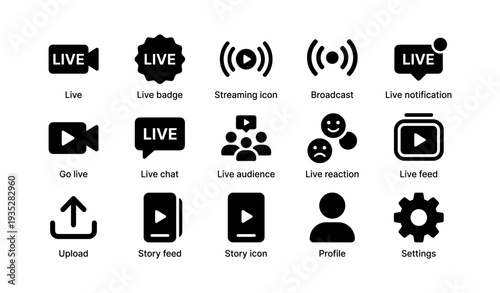 Live streaming icons set: broadcasting, chat, audience, reaction, settings