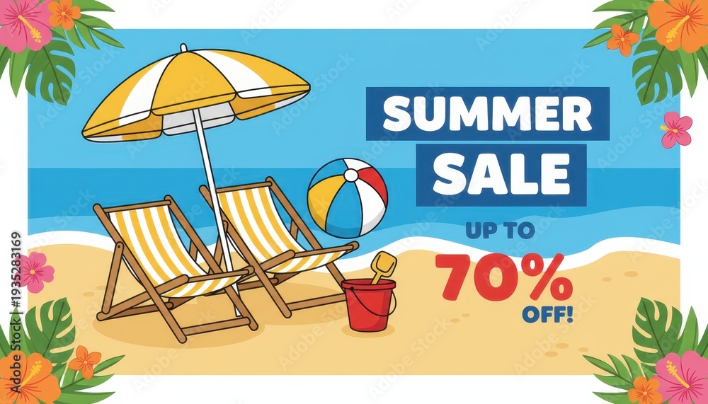 Fototapeta premium Summer sale beach scene with umbrella, chair, ball