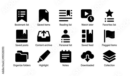 Set of minimalist digital icons for content organization and management