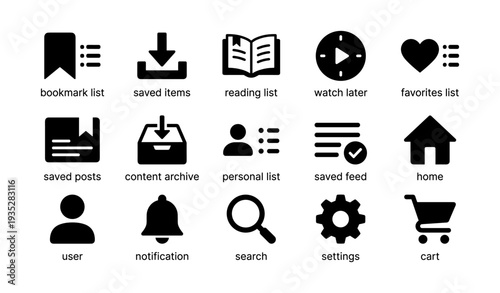Simple black icon set for digital content management and user interaction