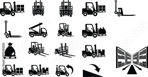 Warehouse and material handling equipment, forklifts, pallet jacks, storage racking, manual pallet jack, electric stackers, and warehouse shelving warehouse cargo logistics icons set. 