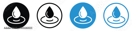 Liquid drop icon with a ripple effect. Represents water conservation, environmental purity, hydration, or chemical solutions. Minimalist black and blue circular icons.
