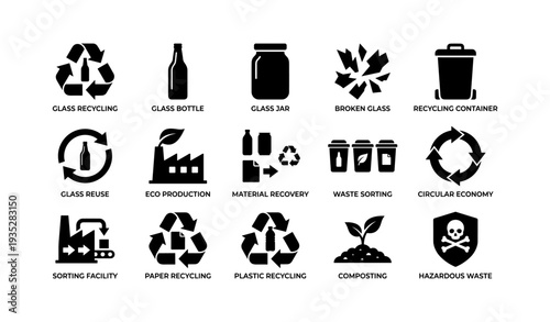 Recycling and waste management icons: glass, paper, plastic, compost, hazardous waste