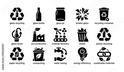 Eco icons: glass recycling, waste management, energy efficiency
