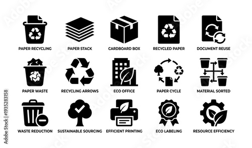 Icons for paper recycling, eco office, and sustainable practices