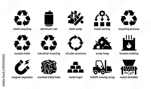 Metal recycling icons: aluminum, steel, sorting, process, economy, scrap, ingot, shredder