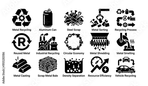 Metal recycling icons: aluminum, steel, sorting, shredding, industrial processes